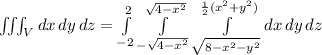 \iiint_V dx\,dy\,dz = \int\limits_{-2}^{2} \int\limits_{-\sqrt{4-x^2}}^{\sqrt{4-x^2}} \int\limits_{\sqrt{8-x^2-y^2}}^{\frac{1}{2}(x^2+y^2) } dx\,dy\,dz