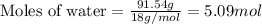 \text{Moles of water}=\frac{91.54g}{18g/mol}=5.09mol