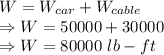 W=W_{car}+W_{cable}\\\Rightarrow W=50000+30000\\\Rightarrow W=80000\ lb-ft