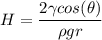 H=\displaystyle\frac{2\gamma cos(\theta)}{\rho gr}