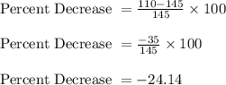 \text{Percent Decrease } = \frac{110-145}{145} \times 100\\\\\text{Percent Decrease } = \frac{-35}{145} \times 100\\\\\text{Percent Decrease } = -24.14