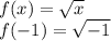f(x) = \sqrt{x}\\f(-1) = \sqrt{-1}
