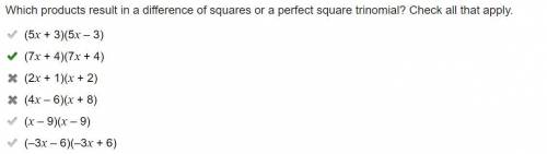Which products result in a difference of squares or a perfect square trinomial?  check all that appl