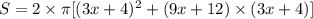 S = 2\times\pi[(3x+4)^2 + (9x+12)\times(3x+4)]