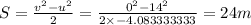 S = \frac {v^{2}-u^{2}}{2} = \frac {0^{2}-14^{2}}{2\times  -4.083333333} = 24 m