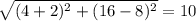 \sqrt{(4+2)^{2}+(16-8)^{2}}=10
