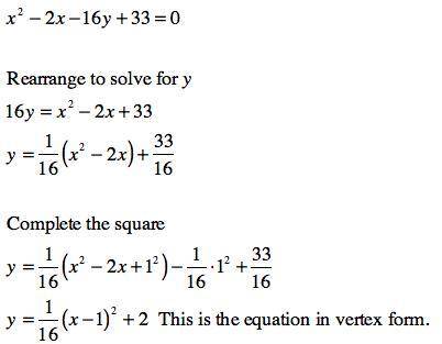 Identify the type of conic;  then the equation to the standard form for that conic:  x^2-2x-16y+33=0