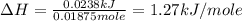 \Delta H=\frac{0.0238kJ}{0.01875mole}=1.27kJ/mole