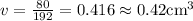 v = \frac{80}{192} = 0.416 \approx 0.42 \text{cm}^3