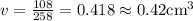 v = \frac{108}{258} = 0.418 \approx 0.42 \text{cm}^3