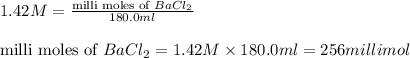 1.42M=\frac{\text{milli moles of }BaCl_2}{180.0ml}\\\\\text{milli moles of }BaCl_2}={1.42M\times 180.0ml}=256milli mol