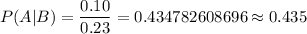 P (A|B)=\dfrac{0.10}{0.23}=0.434782608696\approx0.435