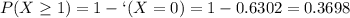 P(X \geq 1) = 1 - `(X = 0) = 1 - 0.6302 = 0.3698
