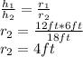 \frac{h_{1} }{h_{2} }=\frac{r_{1} }{r_2}\\{r_2}=\frac{12ft*6ft}{18ft}\\ r_2=4ft
