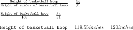 \frac{\texttt{Height of basketball hoop}}{\texttt{Height of shadow of basketball hoop}}=\frac{34}{31}\\\\\frac{\texttt{Height of basketball hoop}}{109}=\frac{34}{31}\\\\\texttt{Height of basketball hoop}=119.55inches=120inches