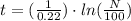 t = (\frac{1}{0.22}) \cdot ln(\frac{N}{100})