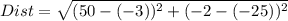 Dist =  \sqrt{(50-(-3))^{2}  + (-2-(-25))^{2} }