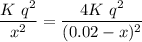 \displaystyle \frac{K\ q^2}{x^2}=\frac{4K\ q^2}{(0.02-x)^2}