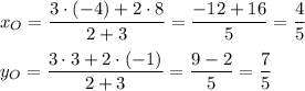 x_O=\dfrac{3\cdot (-4)+2\cdot 8}{2+3}=\dfrac{-12+16}{5}=\dfrac{4}{5}\\ \\y_O=\dfrac{3\cdot 3+2\cdot (-1)}{2+3}=\dfrac{9-2}{5}=\dfrac{7}{5}
