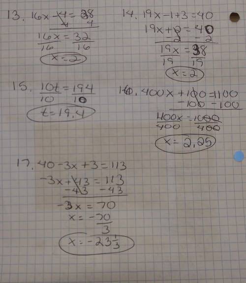 1. 2x - 12 = 6 2. 2x + 6= 8 3. 12s - 12=12 4. 14s + 6 = 35 5. 3s - 12 = 6 6. 18t + 9 = 34 7. 21x + 7