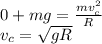 0 + mg = \frac{mv_c^2}{R}\\v_c = \sqrt{gR}
