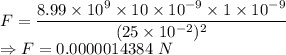 F=\dfrac{8.99\times 10^9\times 10\times 10^{-9}\times 1\times 10^{-9}}{(25\times 10^{-2})^2}\\\Rightarrow F=0.0000014384\ N