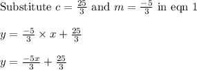 \text{Substitute } c = \frac{25}{3} \text{ and } m = \frac{-5}{3} \text{ in eqn 1 }\\\\y = \frac{-5}{3} \times x + \frac{25}{3}\\\\y = \frac{-5x}{3}+\frac{25}{3}