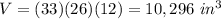 V=(33)(26)(12)=10,296\ in^3