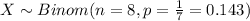 X \sim Binom(n=8, p=\frac{1}{7}=0.143)