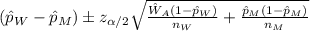 (\hat p_W -\hat p_M) \pm z_{\alpha/2} \sqrt{\frac{\hat W_A(1-\hat p_W)}{n_W} +\frac{\hat p_M (1-\hat p_M)}{n_M}}