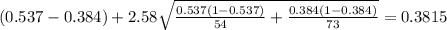 (0.537-0.384) + 2.58 \sqrt{\frac{0.537(1-0.537)}{54} +\frac{0.384(1-0.384)}{73}}=0.3815