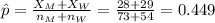 \hat p=\frac{X_{M}+X_{W}}{n_{M}+n_{W}}=\frac{28+29}{73+54}=0.449