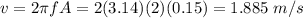 v = 2\pi f A = 2(3.14)(2)(0.15) = 1.885~m/s