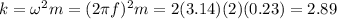 k = \omega^2 m = (2\pi f)^2 m = 2(3.14)(2)(0.23) = 2.89