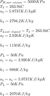 P_{H,sat-steam} = 5000KPa\\T_{3} = 263.94 C\\s_{3} = 5.9737KJ/kgK\\\\h_{3} = 2794.2KJ/kg\\\\T_{2,sat-liquid} = T_{3} = 263.94C\\s_{2} = 2.920KJ/kgK\\\\h_{2} = 1150KJ/kg\\\\P_{L} = 50KPa\\s_{1}=s_{2} = 2.920KJ/kgK\\\\h_{1} = 989KJ/kg\\\\s_{3} = s_{4} = 5.9737KJ/kgK\\P_{L} = 50KPa\\\\h_{4} = 2070KJ/kg