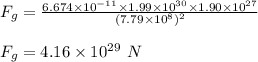 F_g=\frac{6.674\times 10^{-11}\times 1.99\times 10^{30}\times1.90\times 10^{27} }{(7.79\times 10^8)^2}\\\\F_g=4.16\times 10^{29}\ N