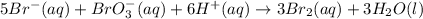 5Br^-(aq)+BrO_3^{-}(aq)+6H^+(aq)\rightarrow 3Br_2(aq)+3H_2O(l)
