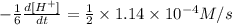 -\frac{1}{6}\frac{d[H^+]}{dt}=\frac{1}{2}\times 1.14\times 10^{-4} M/s