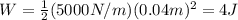 W=\frac{1}{2}(5000 N/m)(0.04 m)^2=4 J