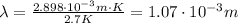 \lambda=\frac{2.898\cdot 10^{-3} m\cdot K}{2.7 K}=1.07\cdot 10^{-3} m