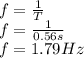 f=\frac{1}{T}\\f=\frac{1}{0.56 s}\\f=1.79Hz