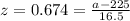 z=0.674=\frac{a-225}{16.5}