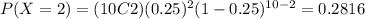 P(X=2)=(10C2)(0.25)^2 (1-0.25)^{10-2}=0.2816