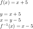 f(x)=x+5\\\\&#10;y=x+5\\&#10;x=y-5\\&#10;f^{-1}(x)=x-5