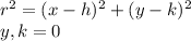 r^2 = (x -h)^2 + (y-k)^2\\y, k = 0 \\
