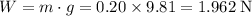 W = m\cdot g = 0.20\times 9.81 = 1.962\;\text{N}
