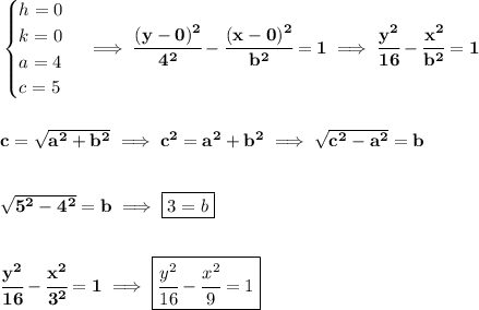 \bf \begin{cases}&#10;h=0\\&#10;k=0\\&#10;a=4\\&#10;c=5&#10;\end{cases}\implies \cfrac{(y-{{ 0}})^2}{{{ 4}}^2}-\cfrac{(x-{{ 0}})^2}{{{ b}}^2}=1\implies \cfrac{y^2}{16}-\cfrac{x^2}{b^2}=1&#10;\\\\\\&#10;c=\sqrt{a^2+b^2}\implies c^2=a^2+b^2\implies \sqrt{c^2-a^2}=b&#10;\\\\\\&#10;\sqrt{5^2-4^2}=b\implies \boxed{3=b}&#10;\\\\\\&#10;\cfrac{y^2}{16}-\cfrac{x^2}{3^2}=1\implies \boxed{\cfrac{y^2}{16}-\cfrac{x^2}{9}=1}