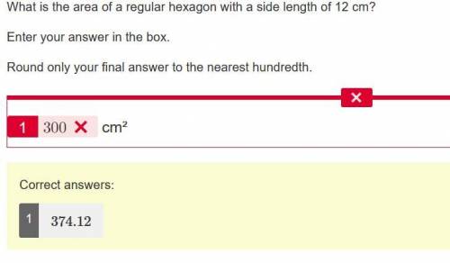 What is the area of a regular hexagon with a side length of 12 cm?   enter your answer in the box.