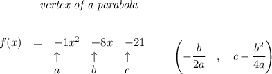 \bf \qquad \qquad \textit{vertex of a parabola}\\ \quad \\&#10;&#10;\begin{array}{llllll}&#10;f(x)&=&-1x^2&+8x&-21\\&#10;&&\uparrow &\uparrow &\uparrow \\&#10;&&a&b&c&#10;\end{array}\qquad &#10;\left(-\cfrac{{{ b}}}{2{{ a}}}\quad ,\quad  {{ c}}-\cfrac{{{ b}}^2}{4{{ a}}}\right)