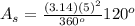 A_s=\frac{(3.14)(5)^{2}}{360^o}{120^o}